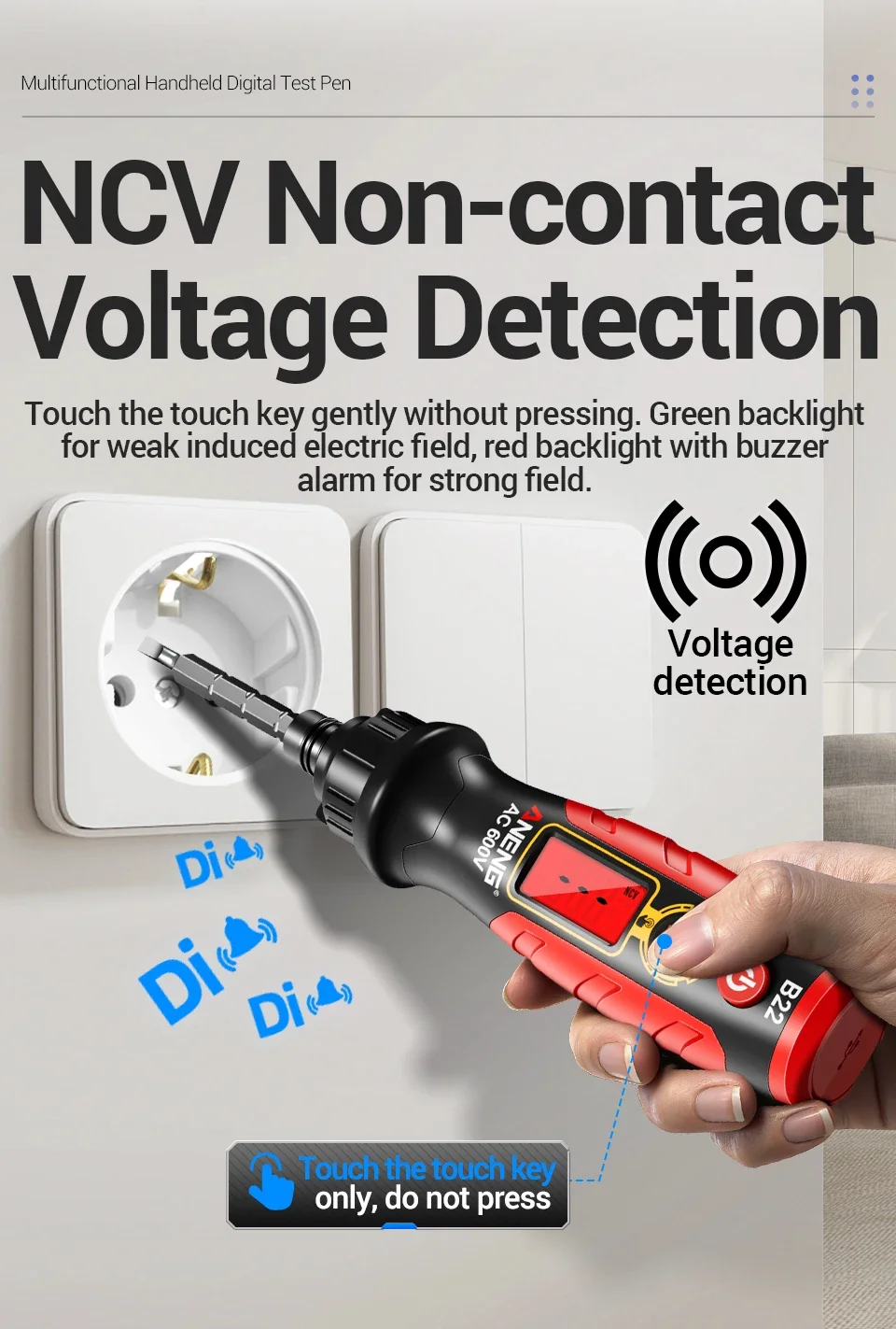 ANENG B22 Berührungsloser Spannungsdetektor-Stift, wiederaufladbarer AC-Spannungstester 30~1000V, intelligenter Unterbrechungspunkt-Finder, elektrische Anzeige – Detail 9
