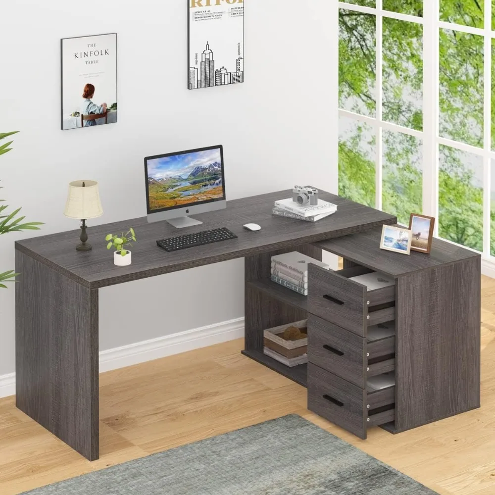 L Shaped Desk with Drawers, Shape Computer Storage Cabinet Shelves, Reversible Modern Industrial