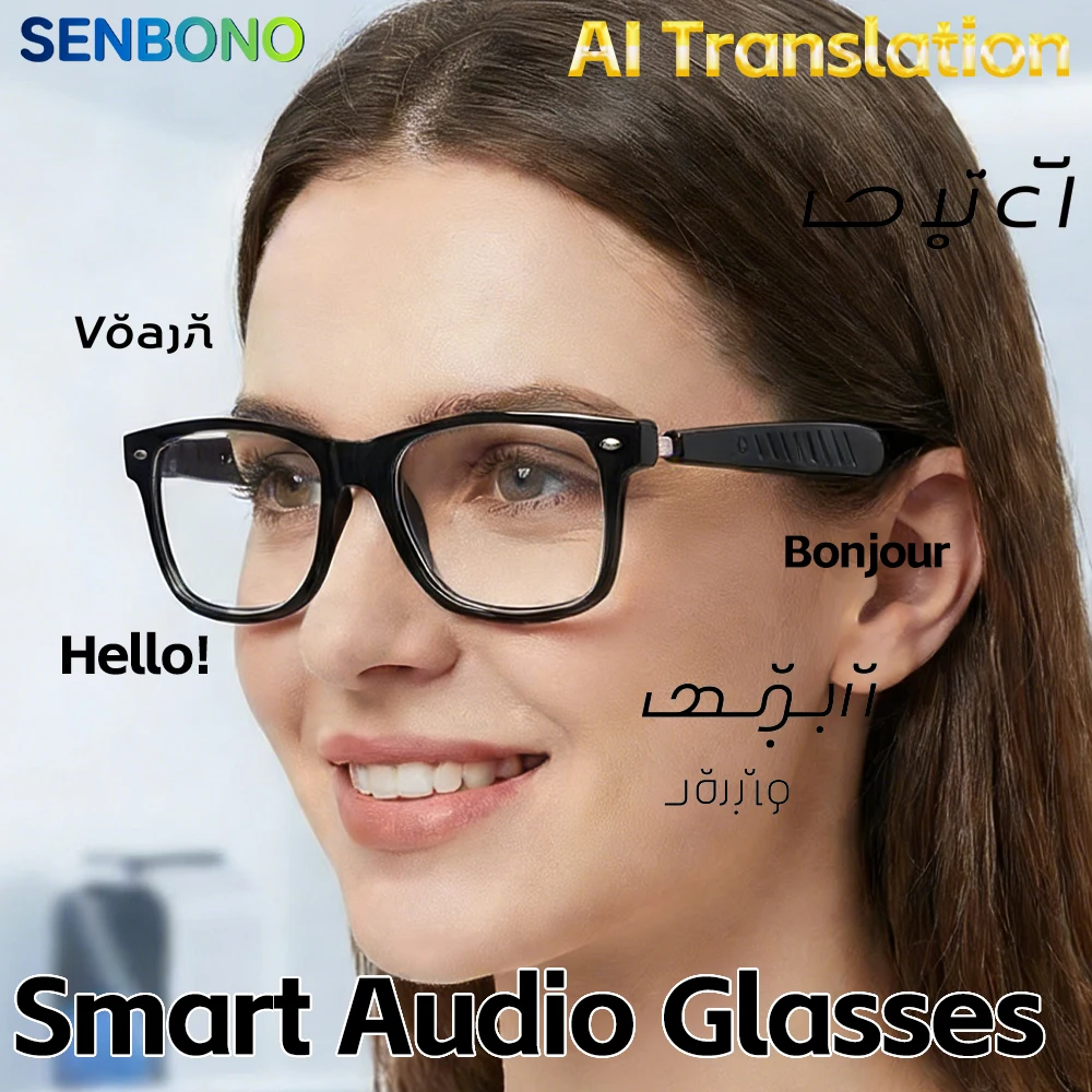SENBONO 2026 AI Translation Smart Audio Glasses feor Men 100+ Languages Translator Bluetooth Call Music Play Sunglasses for Men