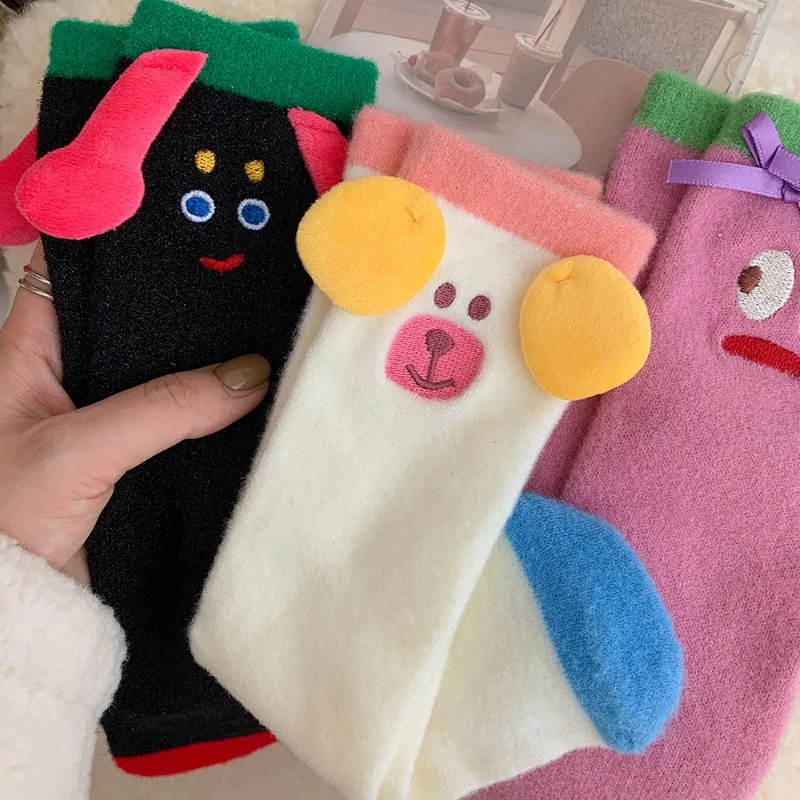 1Pair Ugly and Cute Funny Fleece Floor Socks Thickened and Warm Autumn and Winter Couple Cartoon Medium Sleeve Home Socks