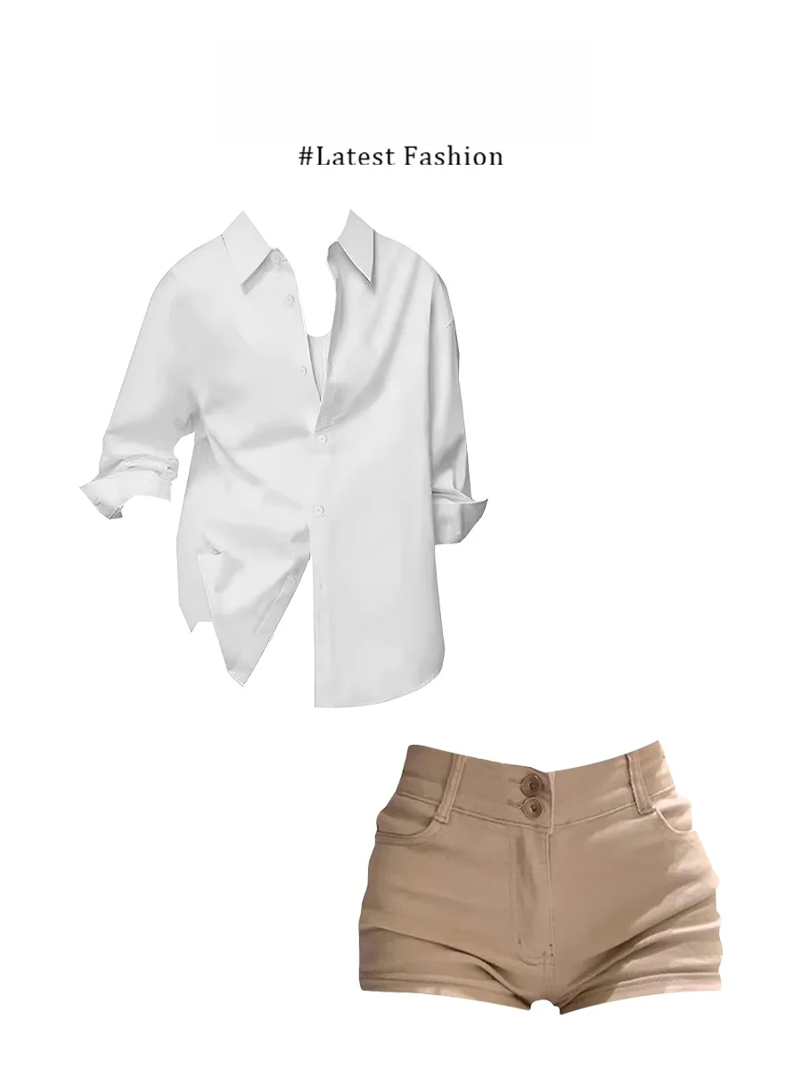 

Parkyeon Women's Fashion Set White Shirt Short Khaki Pants Simple Style Summer Casual Wear Quick Dry Polyester Fiber Blend