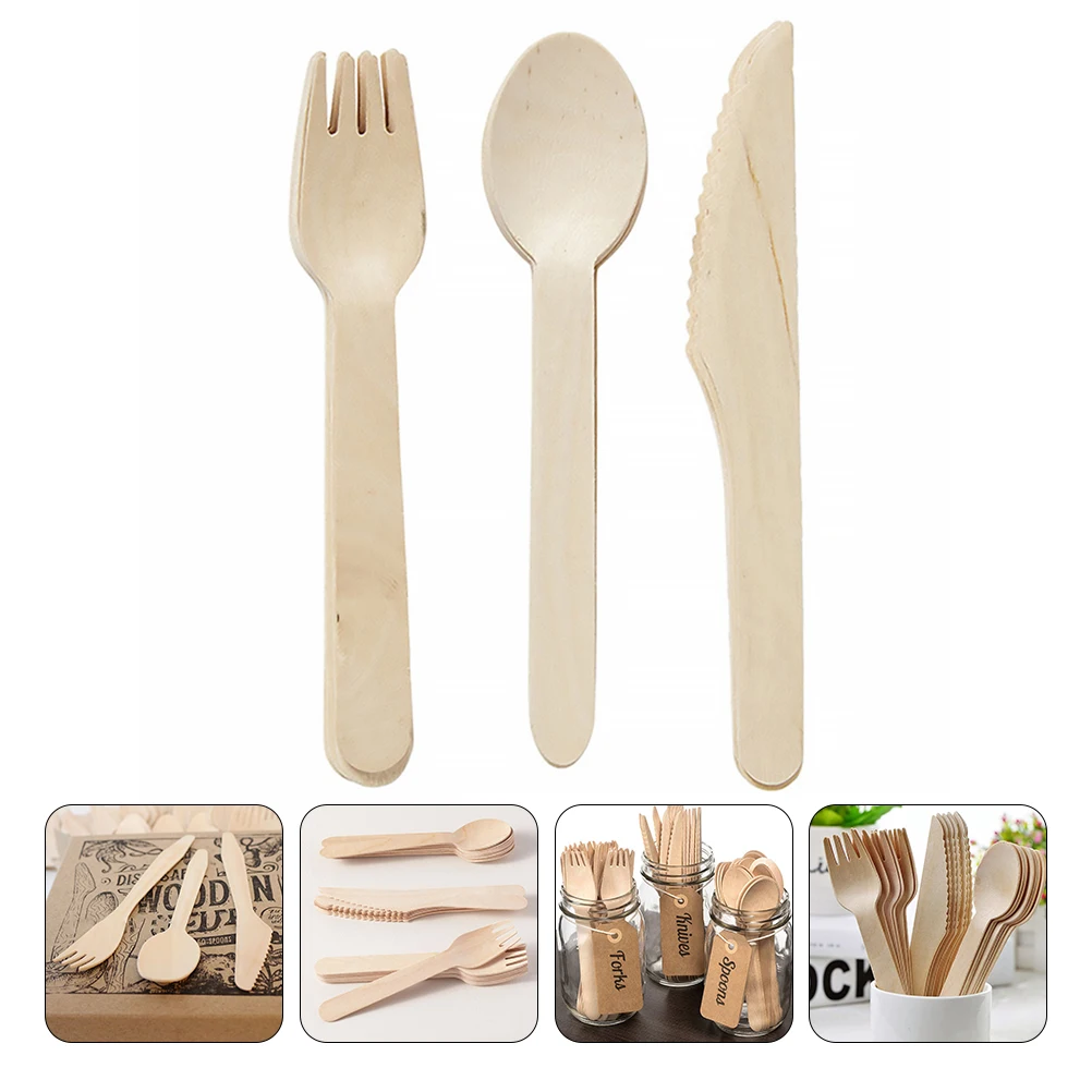 

12 Pcs Wood Knife Fork Spoon Cutlery Set Disposable Lightweight Portable Wooden Tableware Supply For Picnic Travel Party