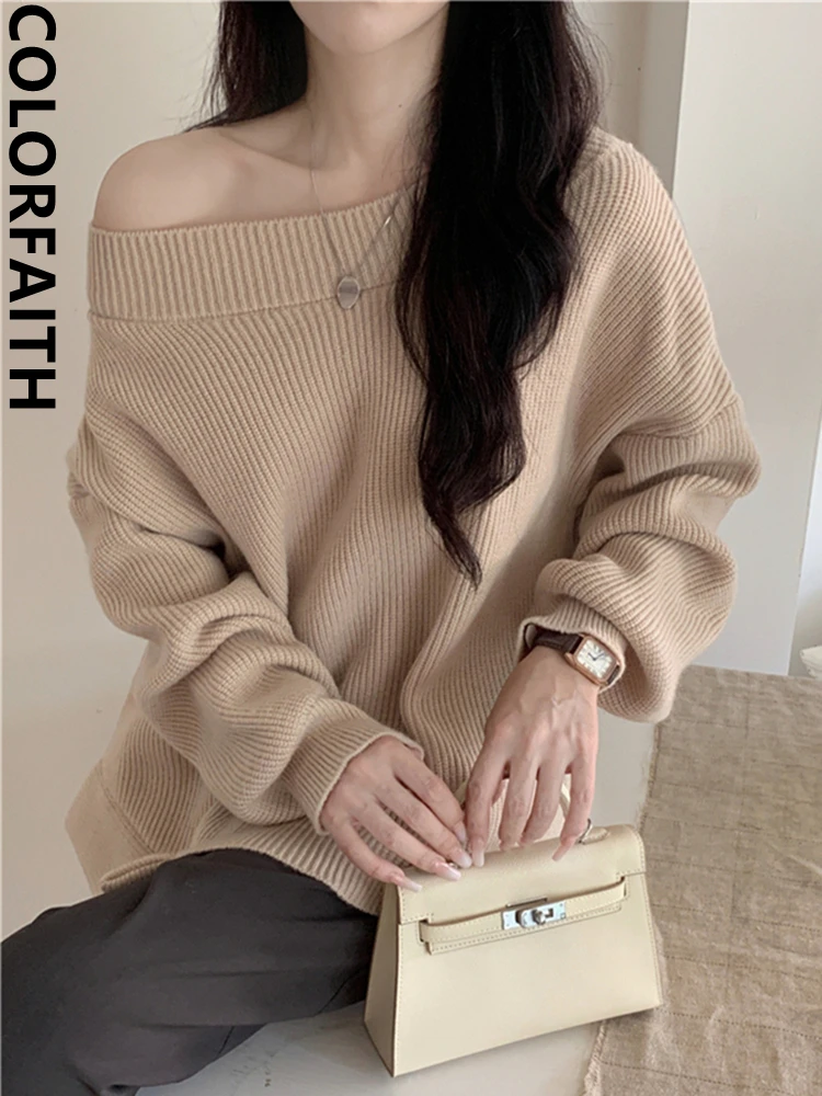 Colorfaith SW7091JX nowy 2024, elegancki damski sweter z głębokim dekoltem Vintage koreański moda ponadgabarytowe dzianinowe damskie topy na jesień