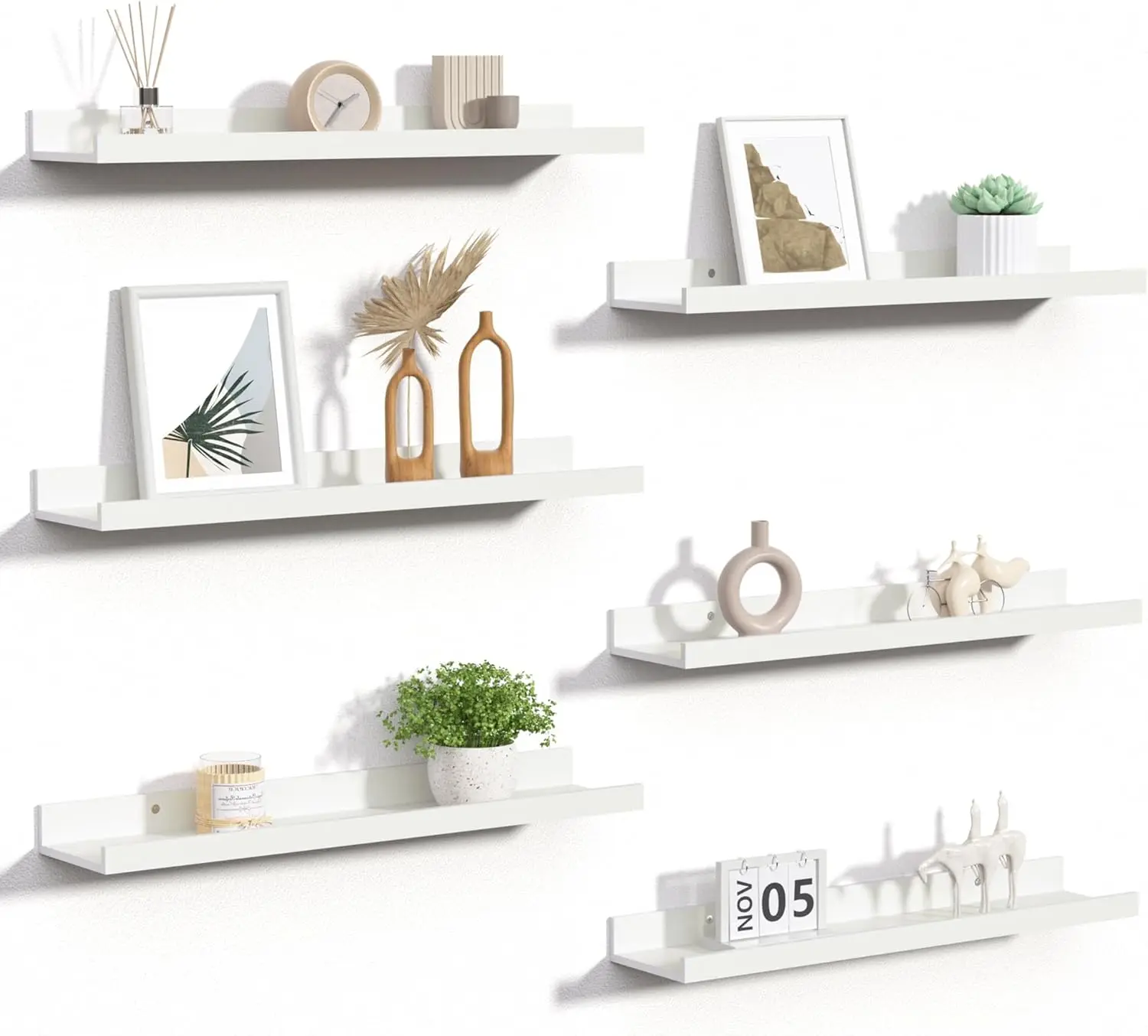 

Набор из 6 плавающих настенных полок 23,6 дюйма, белые деревянные полки для декора и хранения в спальне и гостиной