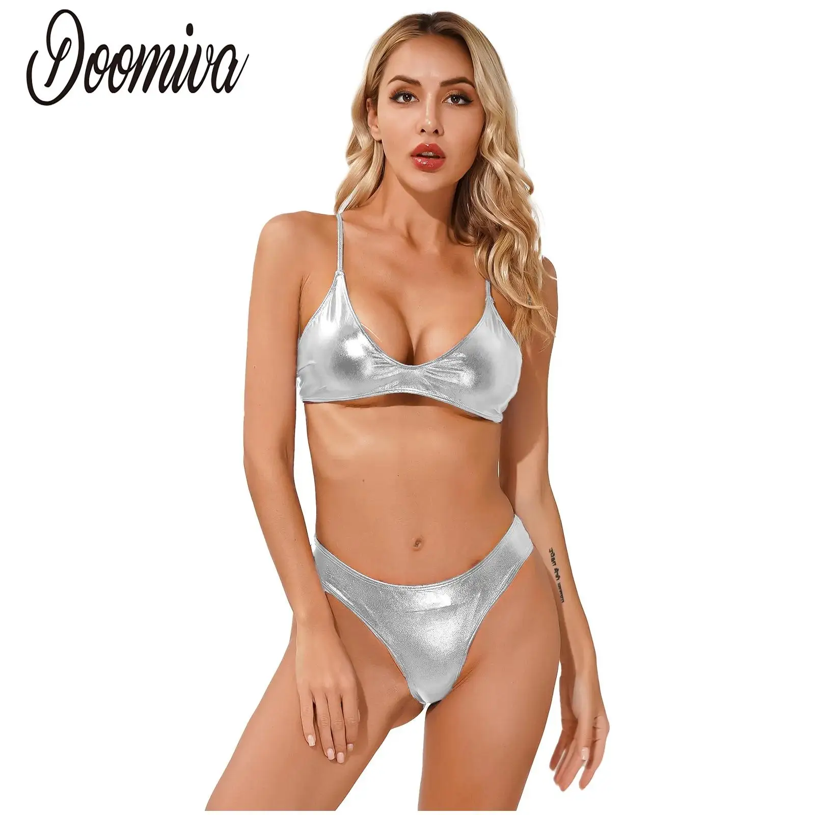 Maillot de bain à encolure dégagée pour femme, soutien-gorge et slip bikini push-up, ensemble de bain sexy, soutien-gorge rembourré, brillant et métallisé