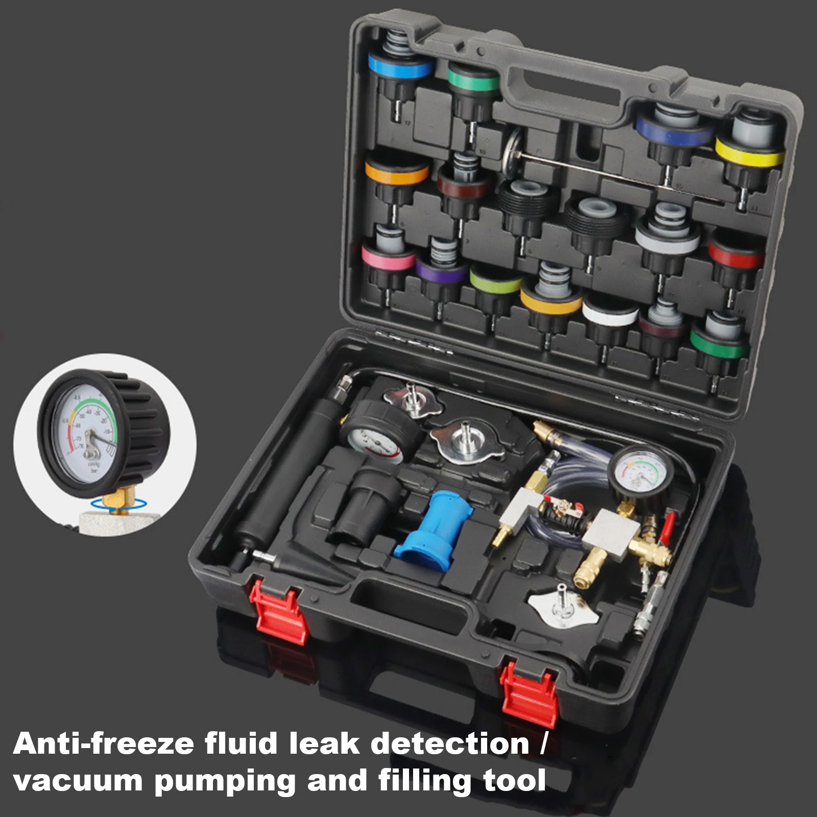 Tester di pressione del radiatore Kit di riempimento sottovuoto universale da 28 pezzi Kit tester di pressione della pompa del radiatore per camion moto auto