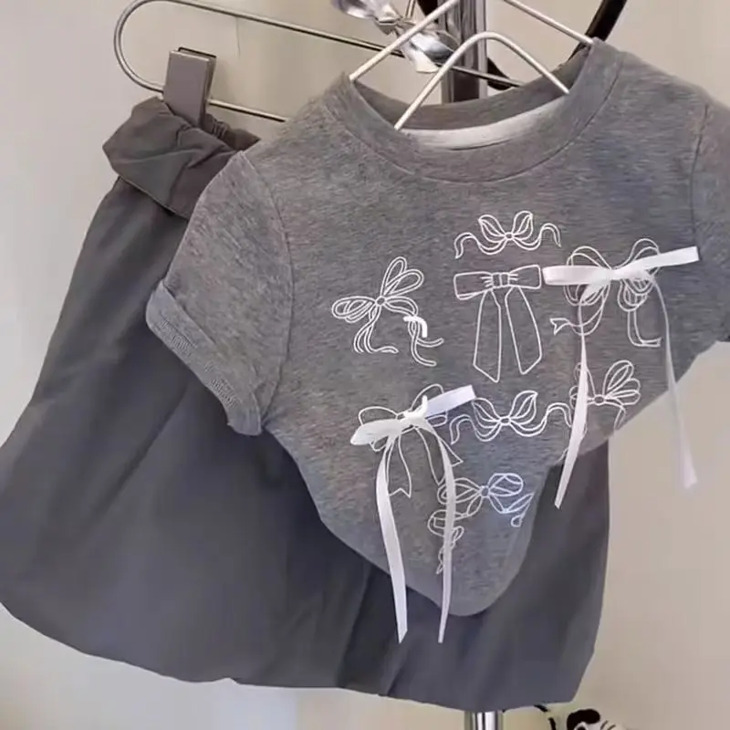 

2025 Summer New Girls' Baby Foreign Style Children's Bow Short-sleeved Top Fashion Casual Baby Top