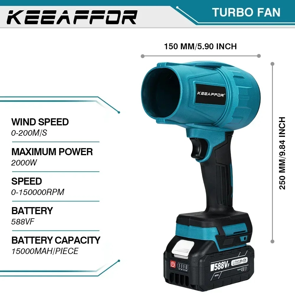 Keeaffor sopradores turbo elétricos sem escova, 2000w, ventilador de jato, 200 m/s, violento, secador de carro, ferramenta elétrica de sopro de poeira para bateria makita de 18v