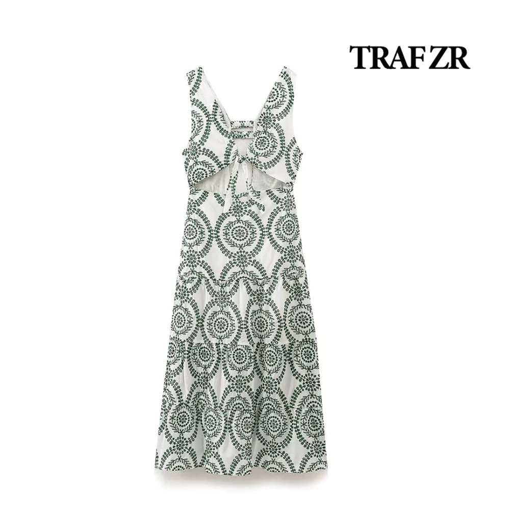 TRAF ZR Midi Dress Layered Flared Sundress Embroidery Hollow Out Wide Straps Tied Knot Front Backless High Street Summer Dress