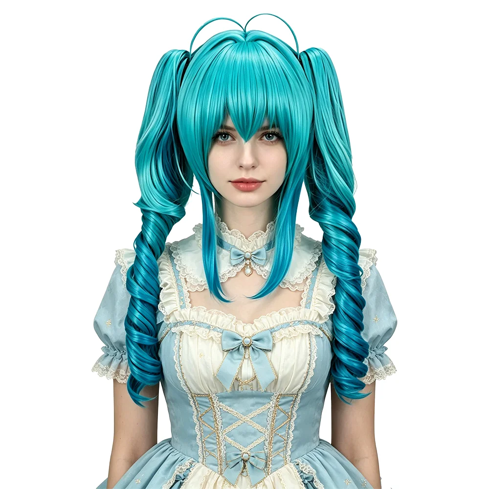 

Turquoise Blue Gradient Twin Ponytails Wig With Bangs Heat Resistant Synthetic Spiral Curls Wig For Women Anime Cosplay Party