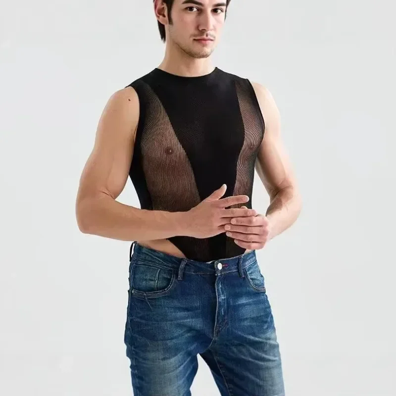 Slim Mesh Stretch Men's Top Skinny Shaping Breathable Sexy Sleeveless Vest Onesie