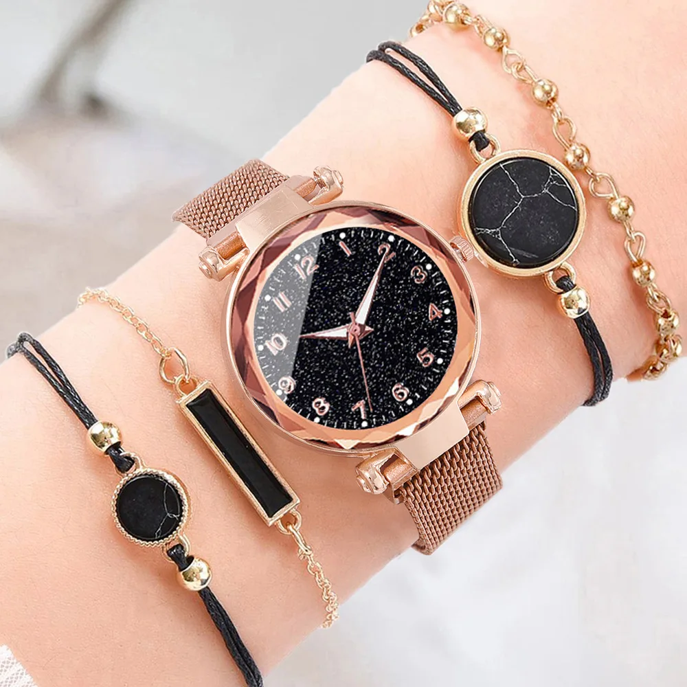 reloj mujer 5pcs/set Womens Fashion Starry Sky Watches Magnet Buckle Mesh Belt Diamond Quartz Watch Women ladies Dress Clock