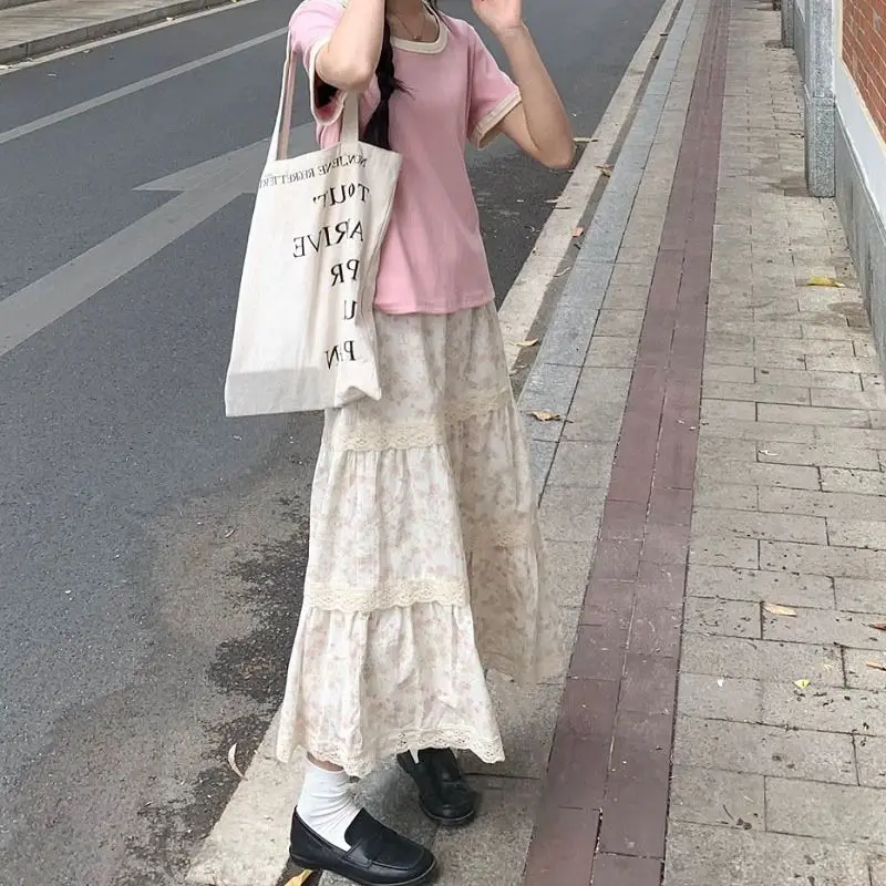 Sweet Broken Flowers Cupcake Skirts Women\'s Clothing Stylish Lace Spliced Spring Summer High Waist Elastic A-Line Long Skirts