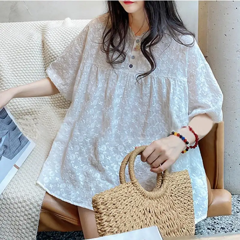 Women\'s Clothing Summer Trendy Vintage Embroidery Lace Blouse Solid Round Neck Oversized Shirt Y2K Casual Kawaii Streetwear Tops