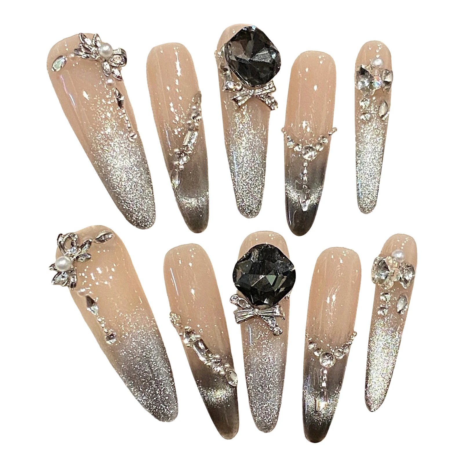 Metaliczne, bardzo długie sztuczne paznokcie Almong z diamentami, ręcznie robione paznokcie dociskane, efekt kociego oka, czarny gradient, noszone końcówki paznokci w kształcie migdała.