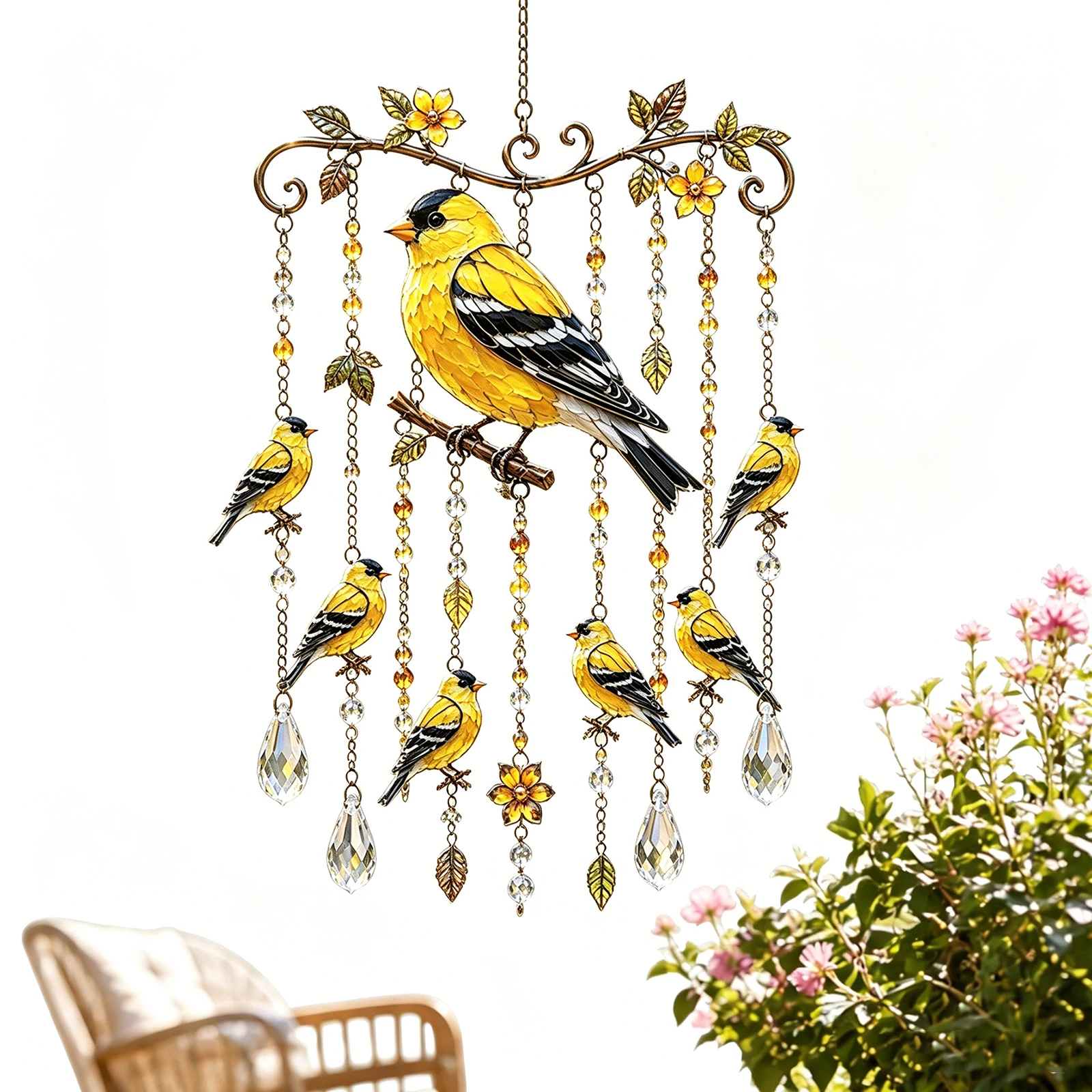Graceful Bird Wind Chime with Crystal Pendants Stained Glass & Crystal Sun Catcher Windchime Outdoor for Patio Porch Yard Garden