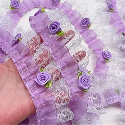 5CM Wide Pastoral Pink Purple Organza Mesh Pleated Fabric Lace Applique Handmade 3d Flowers Ruffle Trim Skirt Stitching Decor