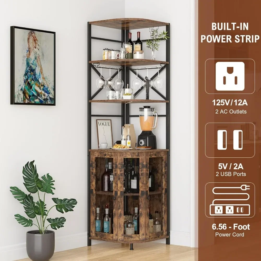 Wine Bar Cabinet com Power Outlet, LED Light and Glass Holder, Canto Wine Cabinet com prateleira ajustável