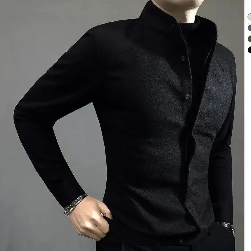 Fashion Business Autumn Winter Men Clothing Shirt Coats Solid Stand Collar Single Breasted Versatile Casual Slim Long Sleeve Top