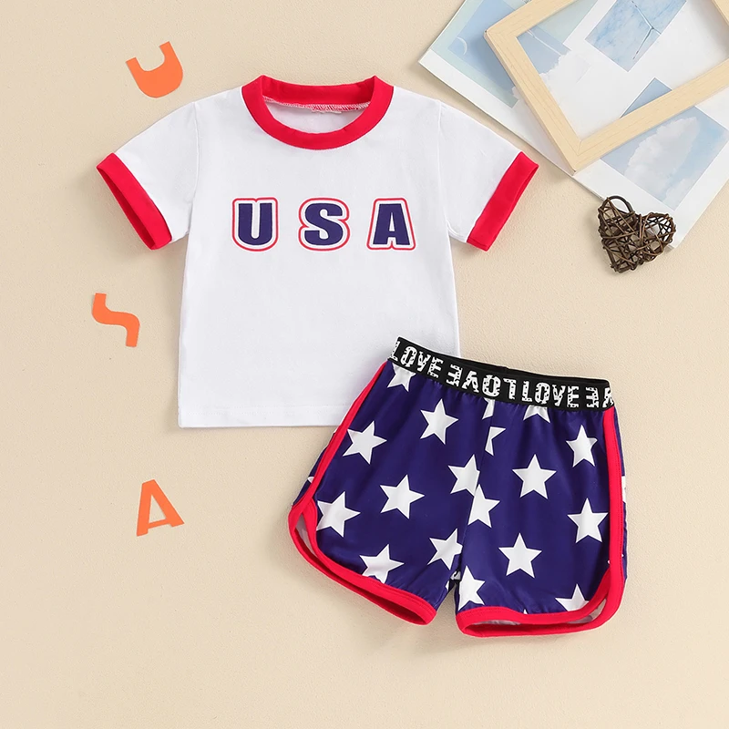 

4th of July Kids Girls Outfits Letter Print Crew Neck Short Sleeve T-Shirts Stars Print Shorts 2Pcs Clothes Set