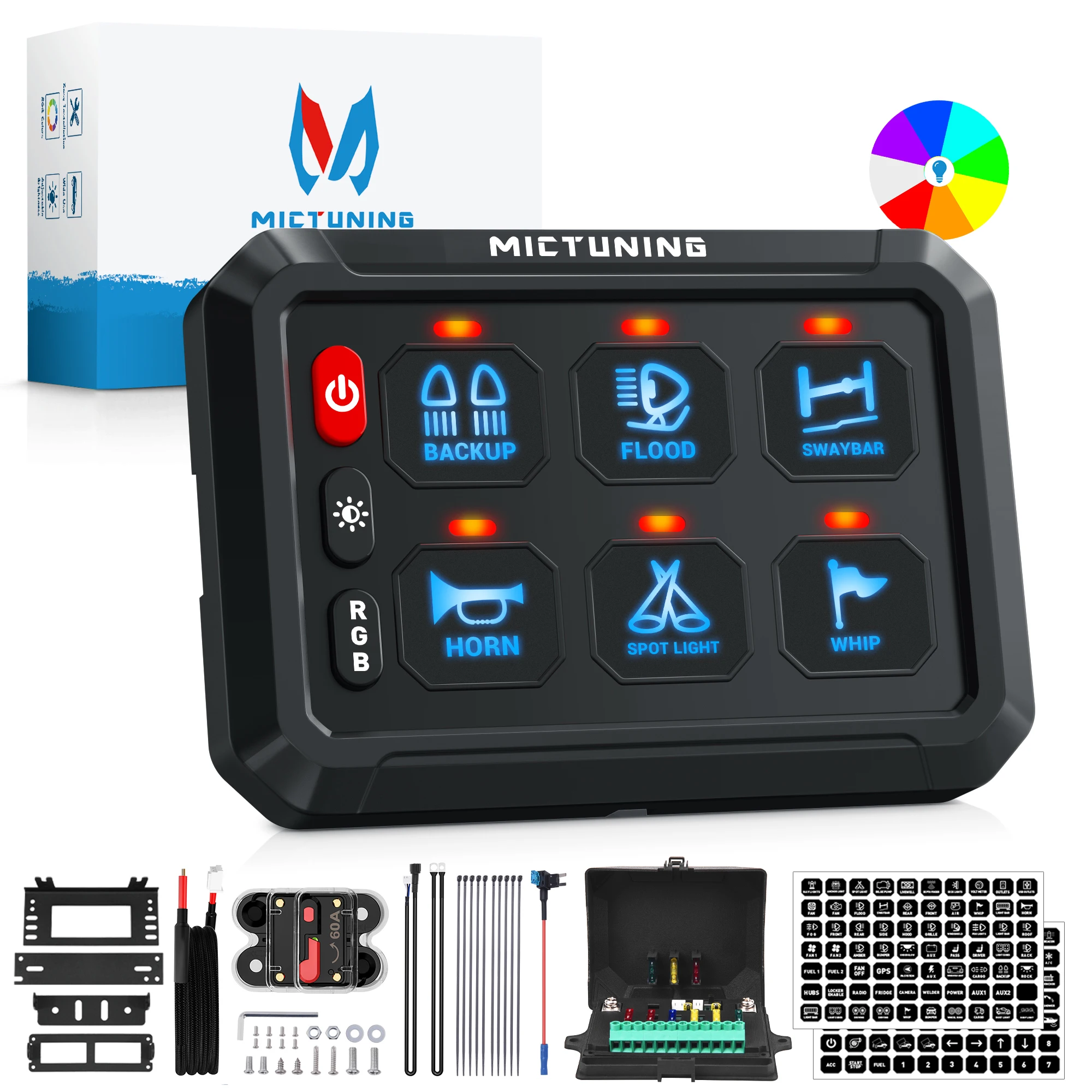 

MICTUNING RGB 6 Gang Switch Panel Toggle Momentary Strobe Pulsed Switch Pod Circuit Control Relay System Box For Truck Offroad