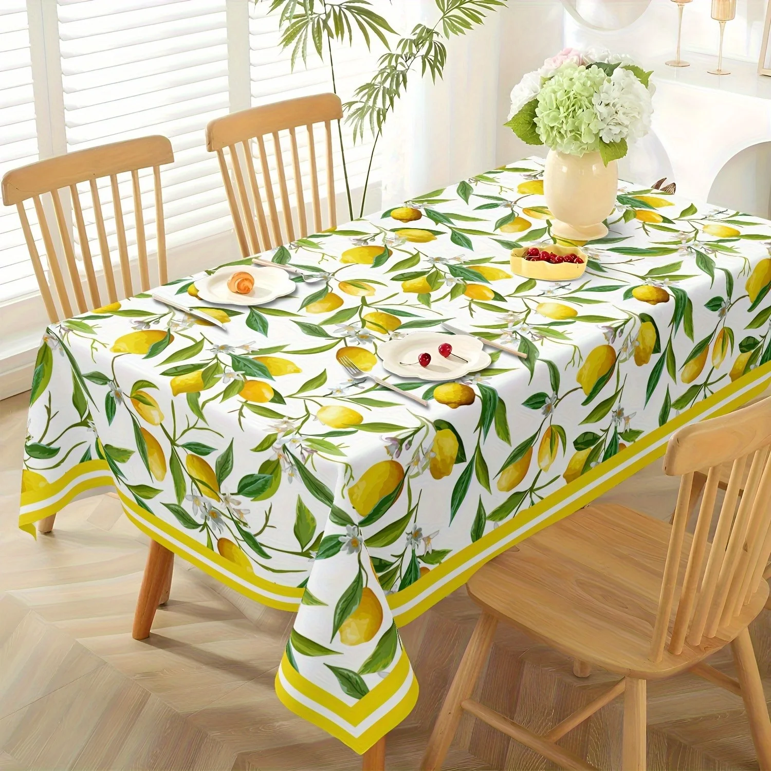 One Item - Lemon-Colored Tablecloth: Bright Yellow-Green Floral Pattern, Rectangular Tablecloth Made of Polyester. Suitable for Home Kitchens, Dining Rooms, And Party Decorations, a Perfect Choice for Thanksgiving And Summer Celebrations