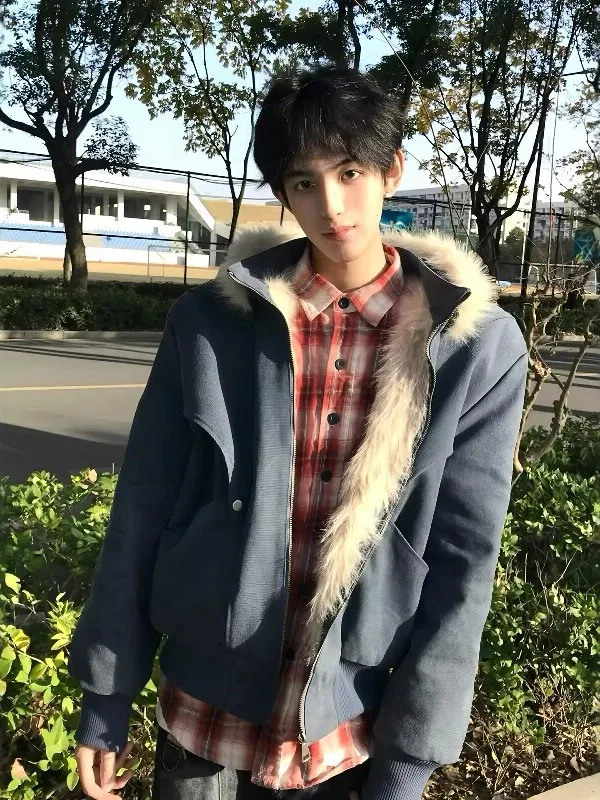 

Ретро-куртка из американского канваса для мужчин, зимняя повседневная куртка с искусственным мехом, хлопковый жилет, теплая, стандартного кроя, молодежная модная модель с длинными рукавами