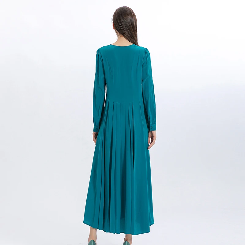 Simple V-Neck Shirt Long Sleeves Blue Silk Woman Dress Office Ladies Pleated Dresses Spring Maxi Dresses for Women AE1235