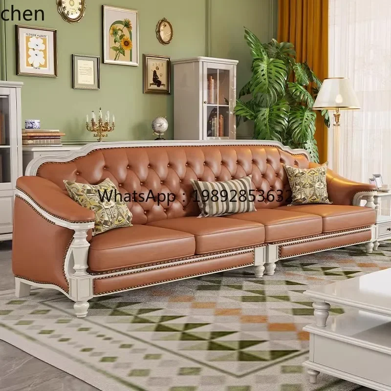 

HT White Solid Wood Genuine Leather Sofa Top Cowhide 123 Combination Simple and Living Room Villa Furniture Four-Seater