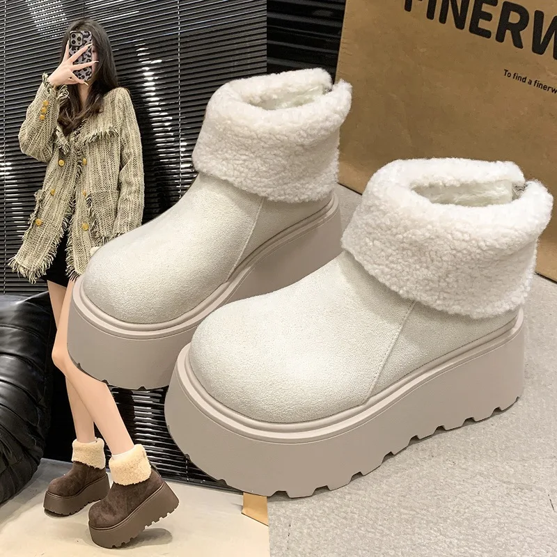 2026 Women's Winter Sponge Cake Thick Bottom Lace with Velvet Warm Snow Boots High Heels Short Sleeves Cotton Shoes