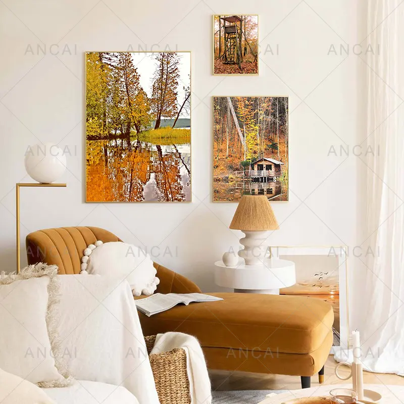 Autumn Decoration Canvas Painting Poster Yellow Leaves Fall View Wall Art Print Pumpkin Halloween Picture Living Room Decoration