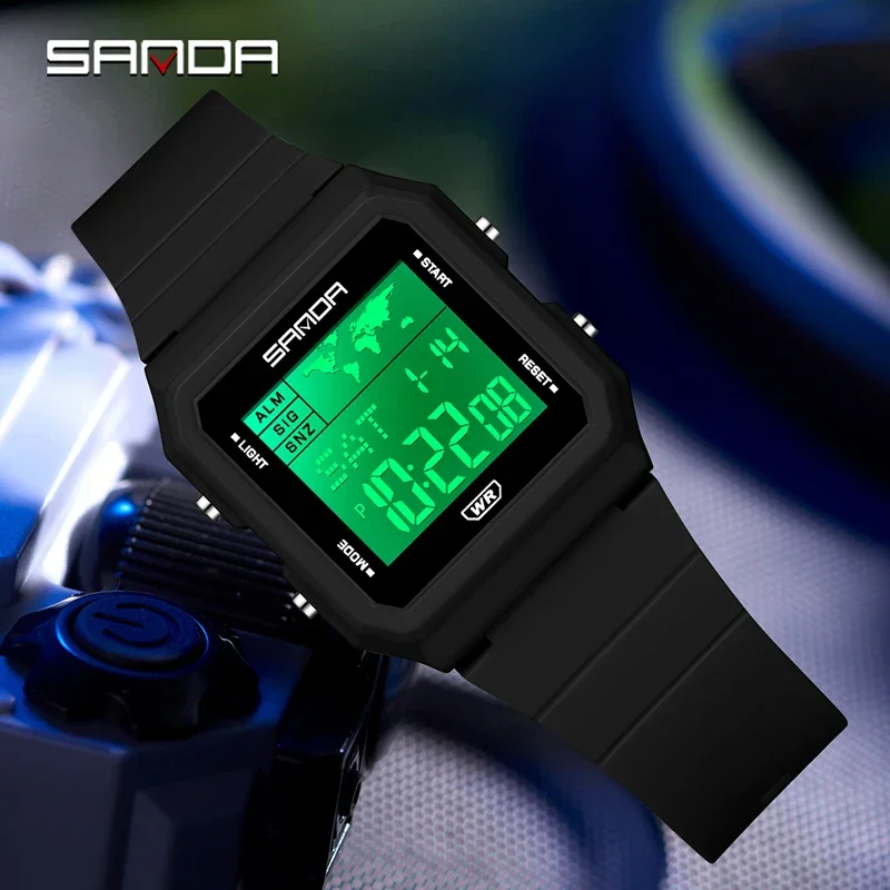 SANDA Fashion Classical Square Watches Multifunction Alarm Clock Countdown Luminous Waterproof Men's Women's Unise Student Watch