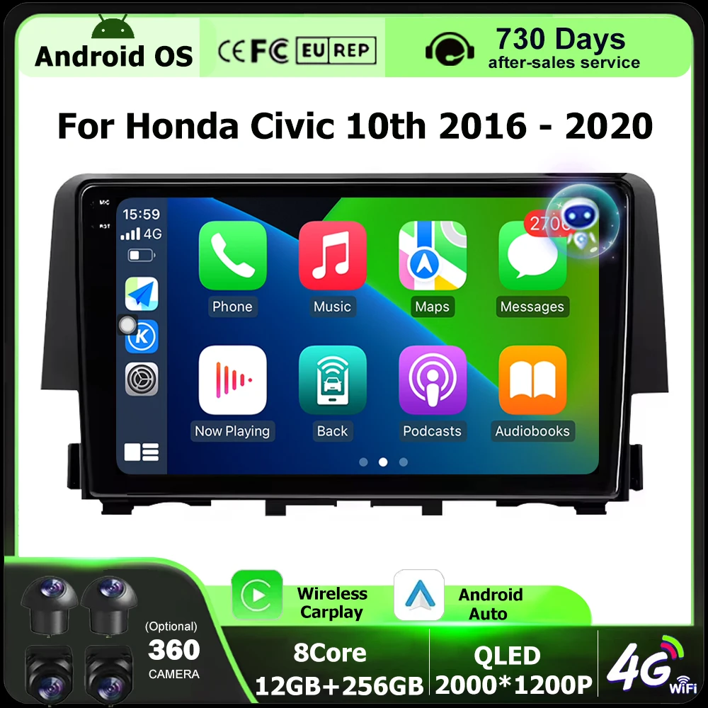 9 بوصة لهوندا سيفيك 10th 2016 - 2020 أندرويد 16 راديو السيارة التلقائي مشغل وسائط متعددة الملاحة نظام تحديد المواقع اللاسلكية Carplay 4G رئيس وحدة