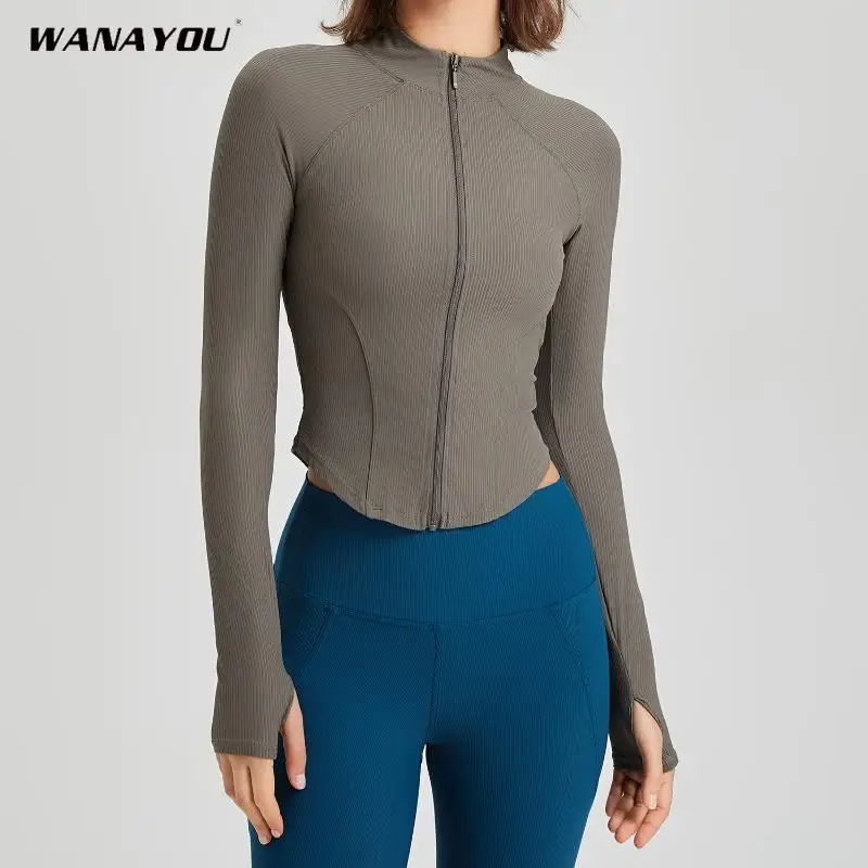 WANAYOU-Top deportivo con cremallera para mujer, abrigo de manga larga para Fitness, ropa para correr, mallas de entrenamiento, Tops de gimnasio,