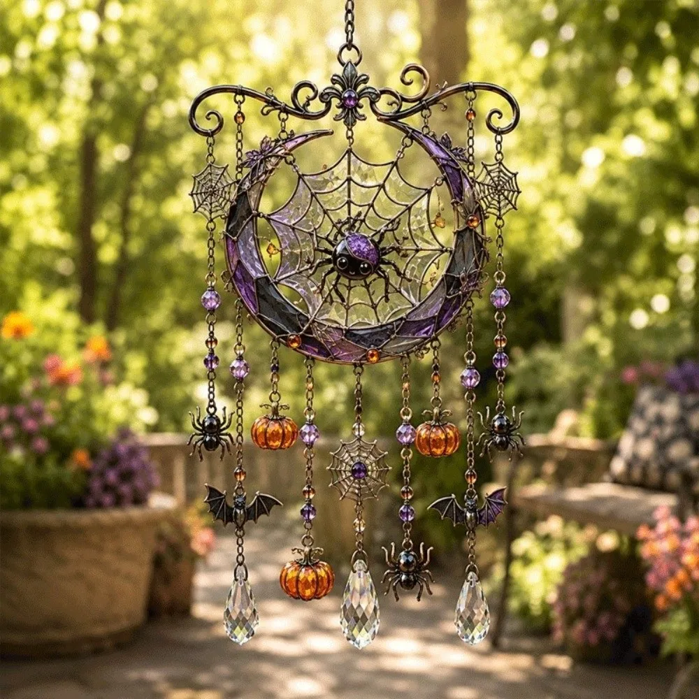 Halloween Themed Crystal Wind Chime Dangling Strands Faceted Teardrops Hanging Ornament Stained Glass Hanging Chain Wind Chime