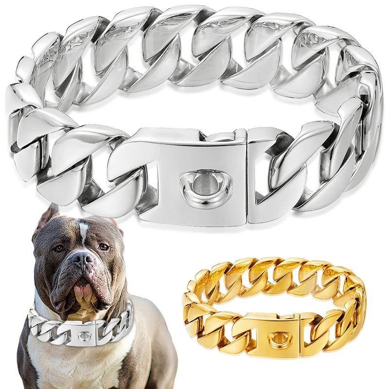 32mm Strong Metal Dog Chain Collars Stainless Steel Pet Training Choke Collar For Large Dogs Pitbull Bulldog Silver Gold