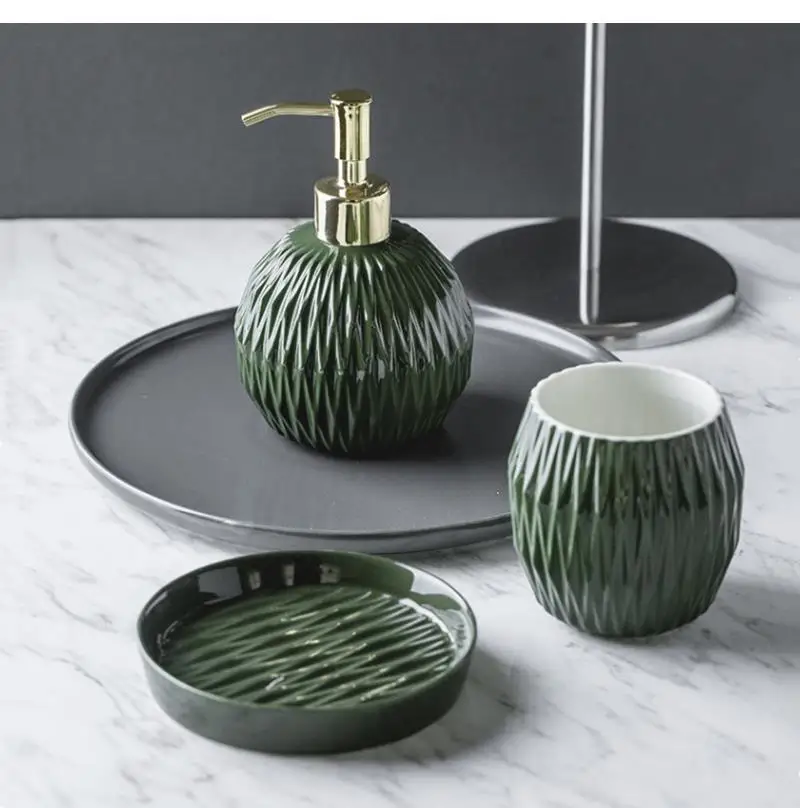 Nordic Bathroom, Dark Green Ceramic Embossed Shape, Soap Dispenser, Dish, Mouthwash Cup, Bathroom Supplies, Set