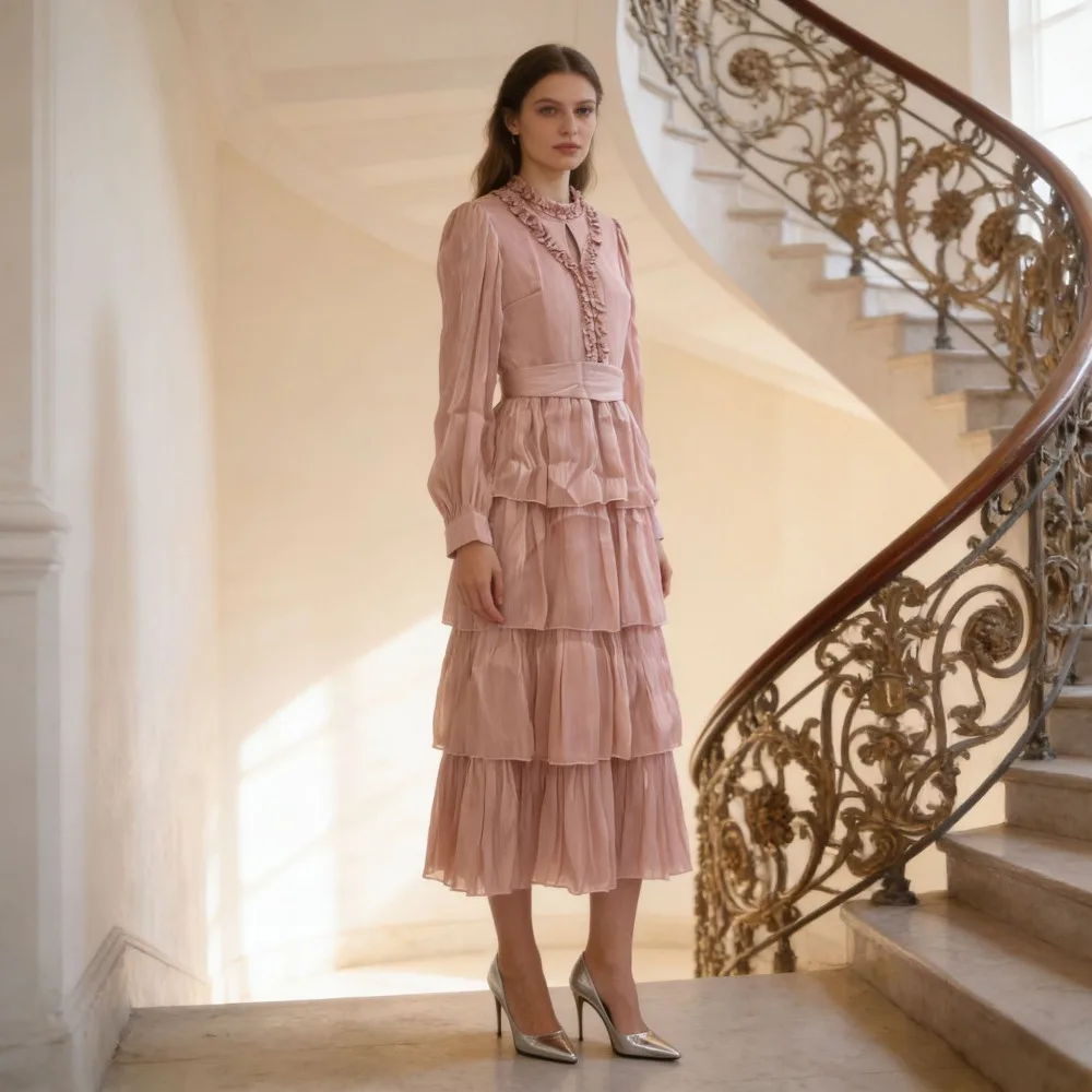 Long Pure Color Spliced Beading Multi-Layer Hem Maxi Dress O Neck Lantern Sleeve Tops High Waist A Line Skirt Casual Sets Female