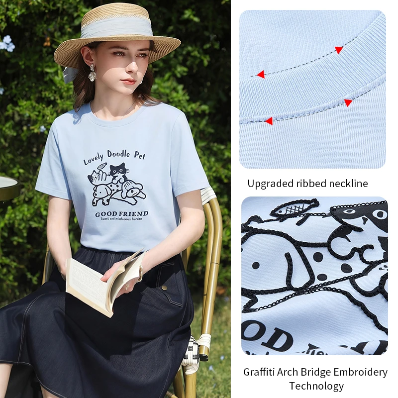 I BELIEVE YOU Light Blue Cartoon Printing T-Shirt for Women 2026 Summer Antibacterial Cool Tees O-Neck Casual Top 2262016468