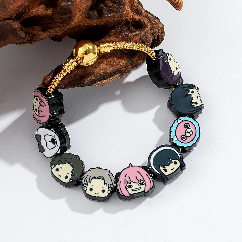 Fashion Anya Forger DIY Bracelet, Zinc Alloy Cartoon Enamel Beads, Gold‑Plated Adjustable Chain for Anime Party Cosplay Jewelry