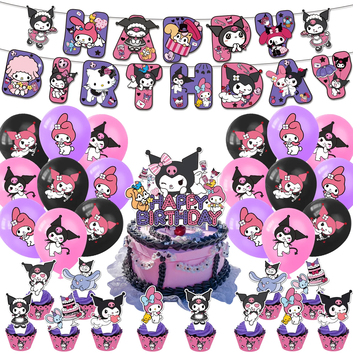 Giocattoli per bambini Kuromi Festa di compleanno Decorazione della stanza Bandiera Kuromi Torta Placca Palloncino Accessori per sollevamento a spirale Giocattoli per bambini