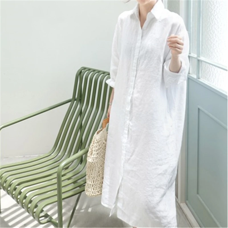 Camicetta lunga da donna bianca autunnale 2024 nuova tinta unita elegante manica lunga coreana monopetto Casual camicie larghe femminili