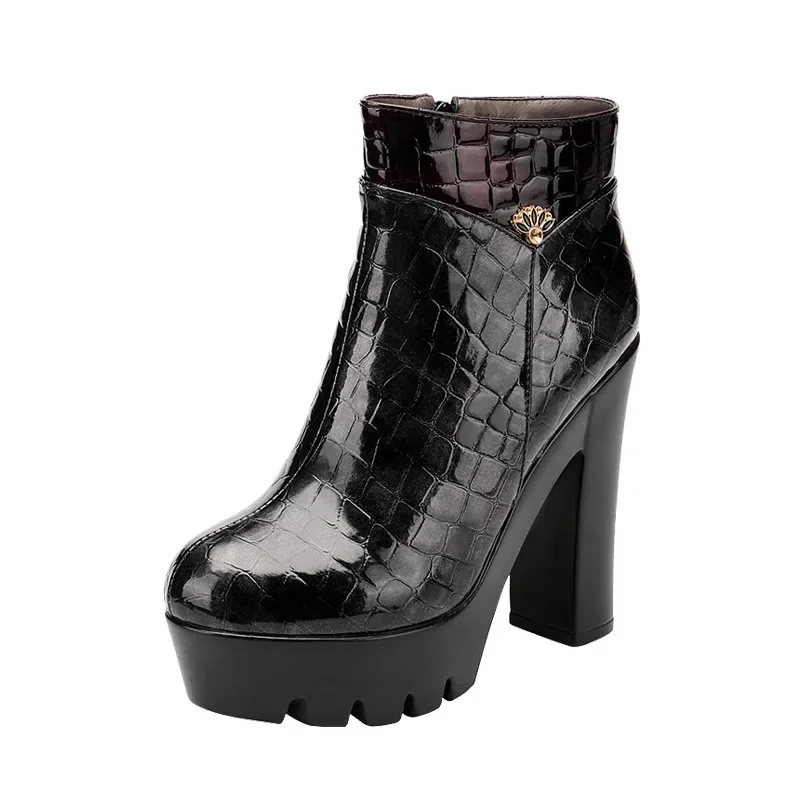 13cm Small Big Size 32-43 Vintage Bright Leather Shoes Women Ankle Boots 2026 Fall Winter Block High Heels Boots Office Model
