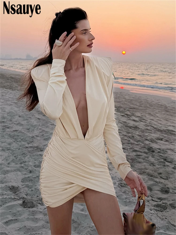 Nsauye Sexy Women Low Cut Out V Neck Elegant Night Club Evening Party Dress Long Sleeve Mini Wrap New Fashion Dress 2025 Winter