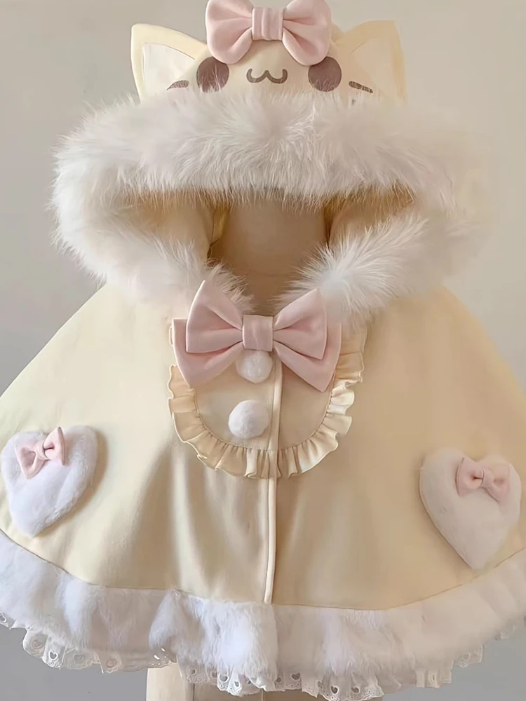 Doce bonito bowknot capa casaco de inverno gato orelha chapéu capas de lã xale jaqueta japonês lolita mangas compridas kawaii roupas ponchos