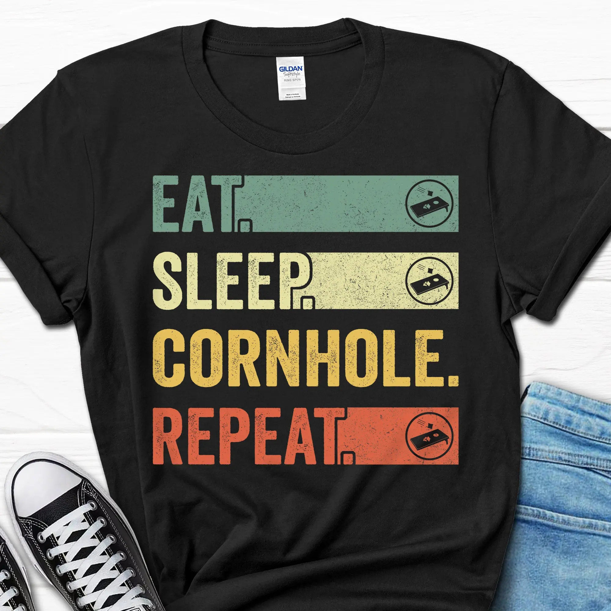 

Eat Sleep Cornhole Repeat Funny Men's T Shirt Dad For Husband Father's Day Him