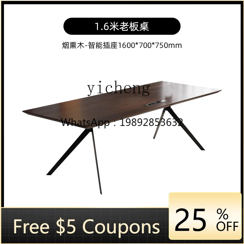 

ZTqh Desk Italian Minimalist Smoked Wooden Desk Boss Table and Chair Combination