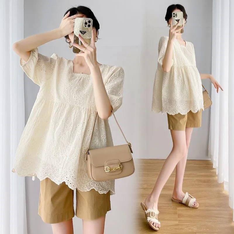 Set Gaun Musim Panas Wanita Hamil Baru 2025 Atasan Lengan Pendek Renda Mode Celana Pendek Tipis Set 2 Potong Set Lengan Pendek HamilLH814