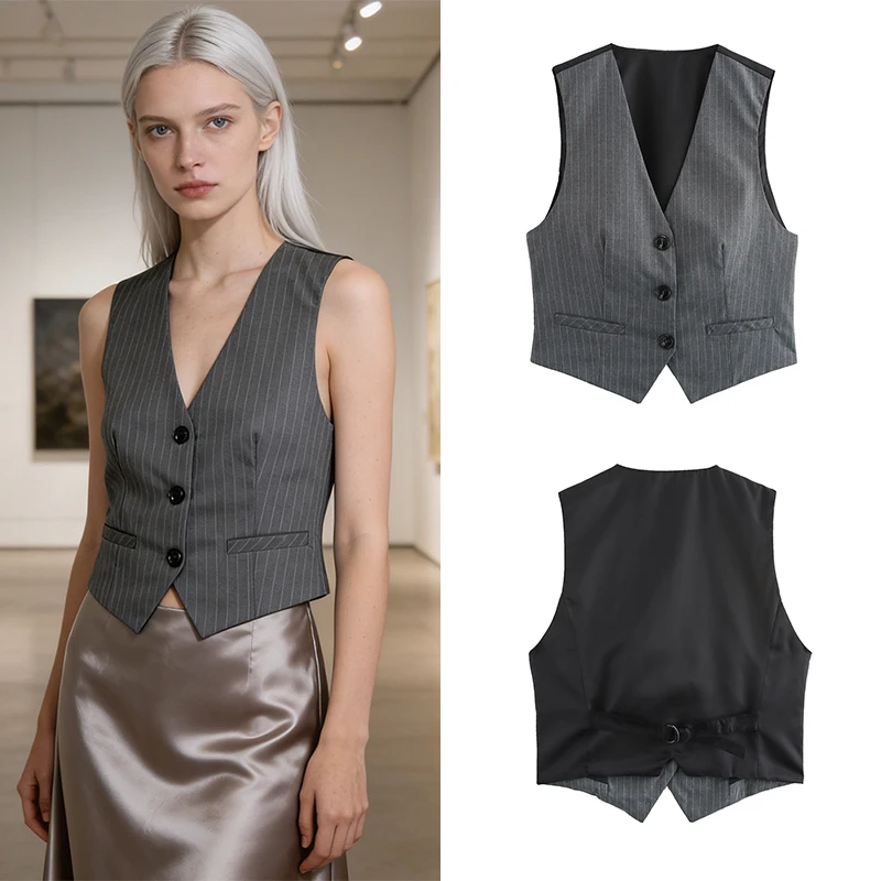 SLTNX 2025 New Gray Striped Color Matching Ladies Fashion Design Suit Vest High-endLadies BusinessLeisure Suit Vest
