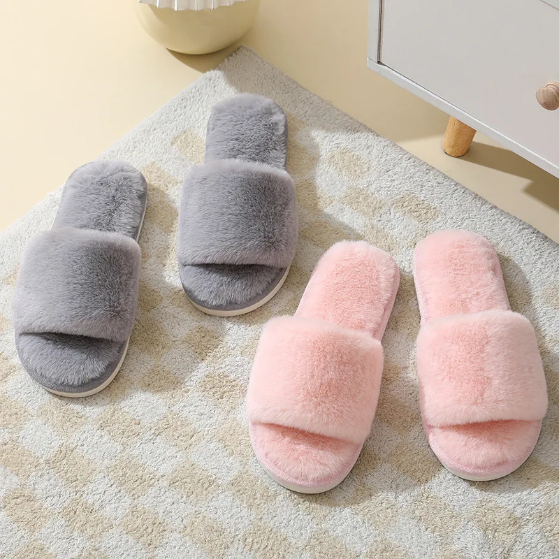 Women's Winter Open Toe House Slippers Fluffy Faux Fur Cross Strap Plush Slides Woman Solid Color Cozy Non Slip Indoor Slippers image 6